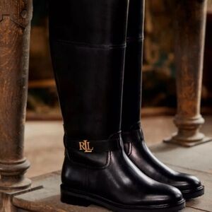 Ralph Lauren Black Leather Boots with Gold Logo